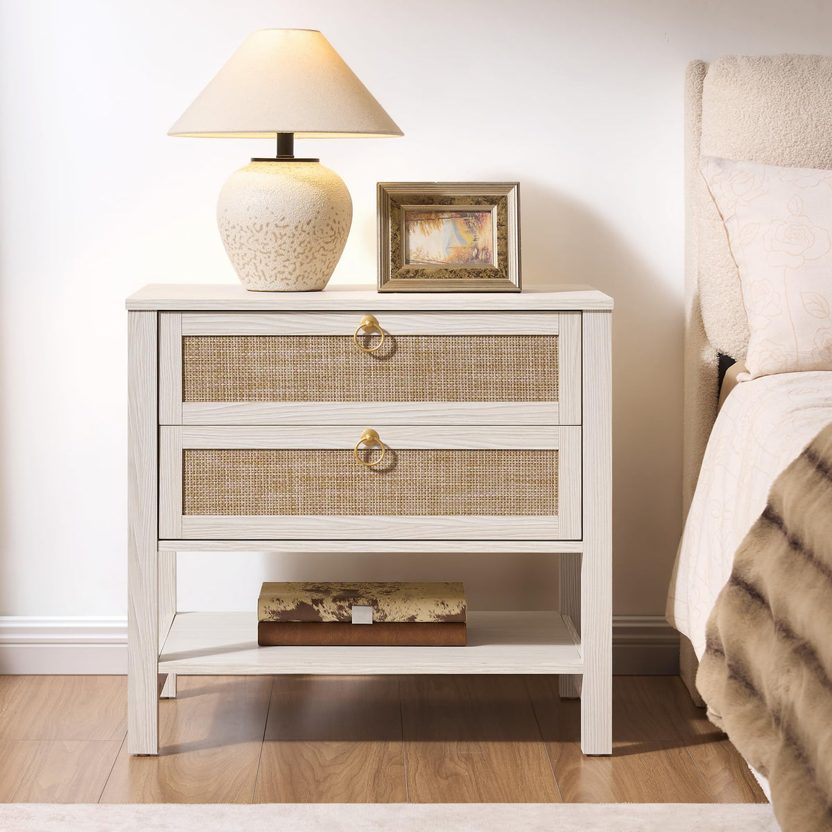White Rattan Nightstand with 2 Drawers T25954