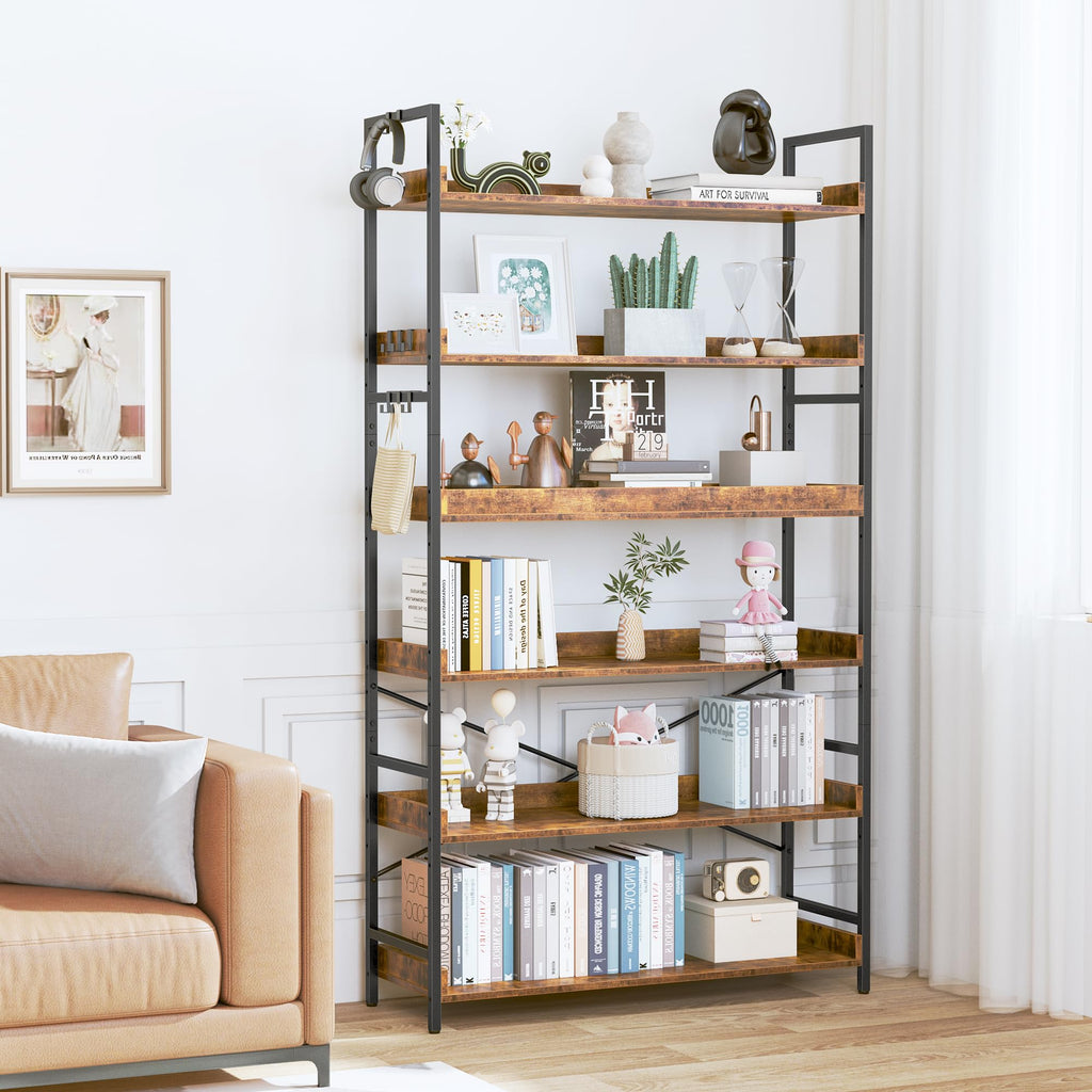 Adjustable 6-Tier Wood and Black Metal Bookshelf E63921
