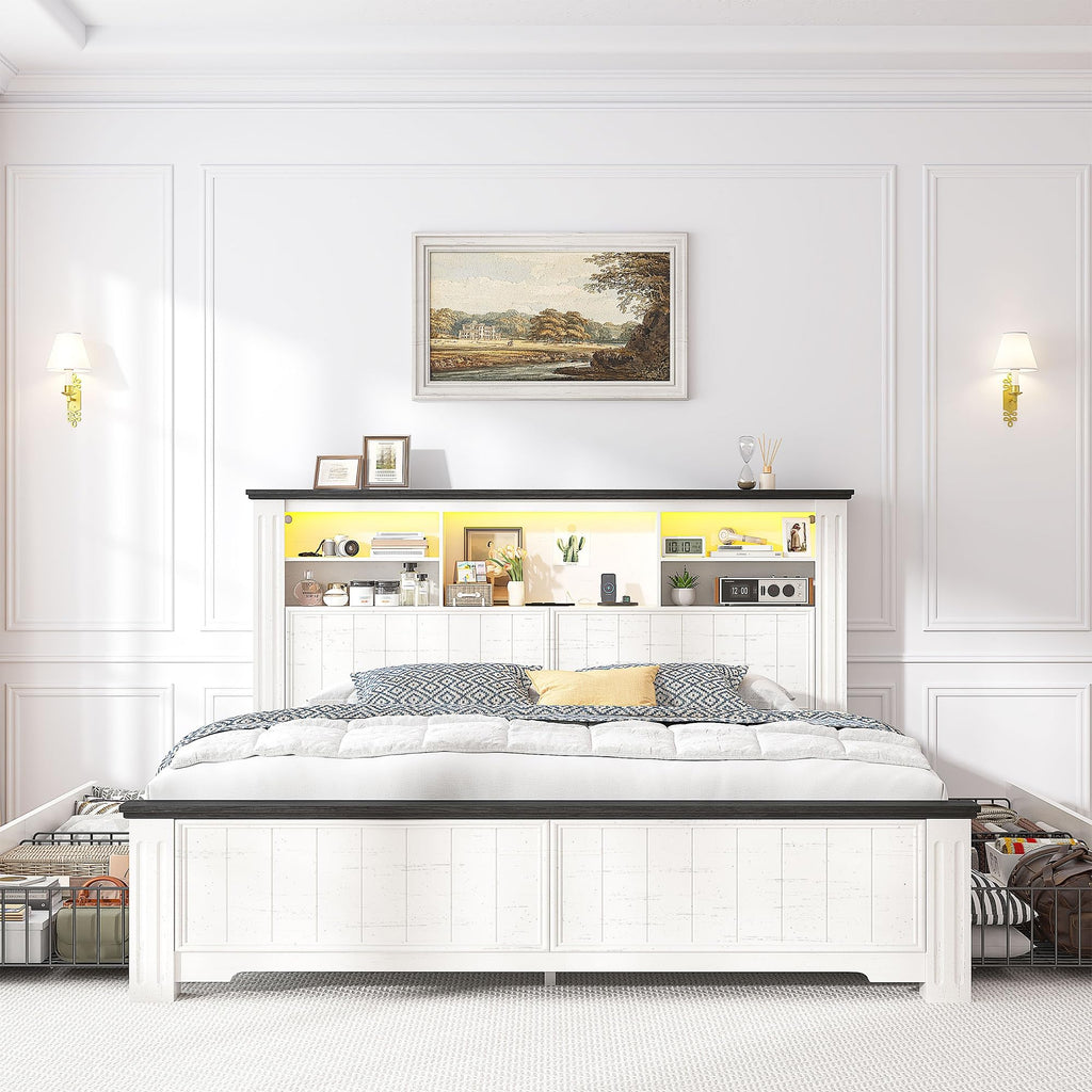 White Full Size Bed Frame with Headboard and Storage T42881