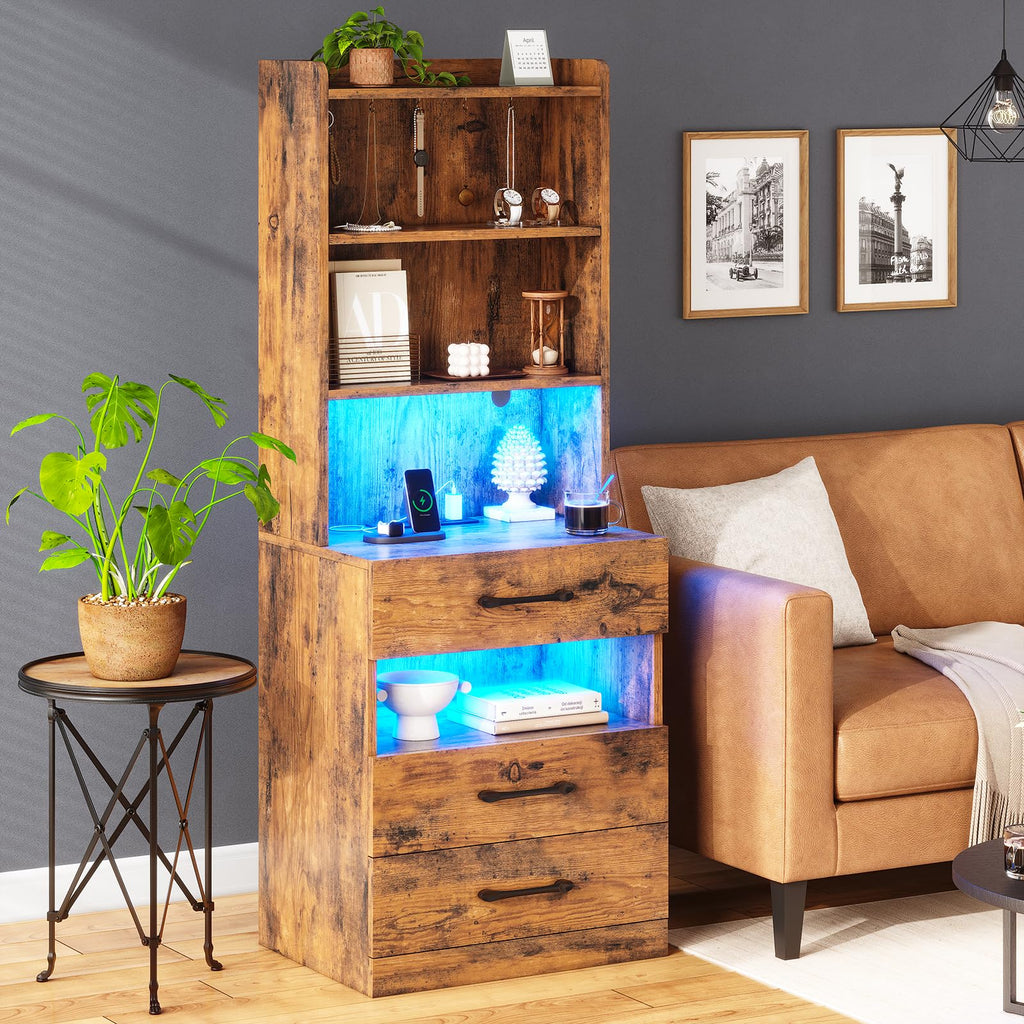 Tall Nightstand with Charging Station and LED Lights, 3 Drawers, Bookshelf Q9439
