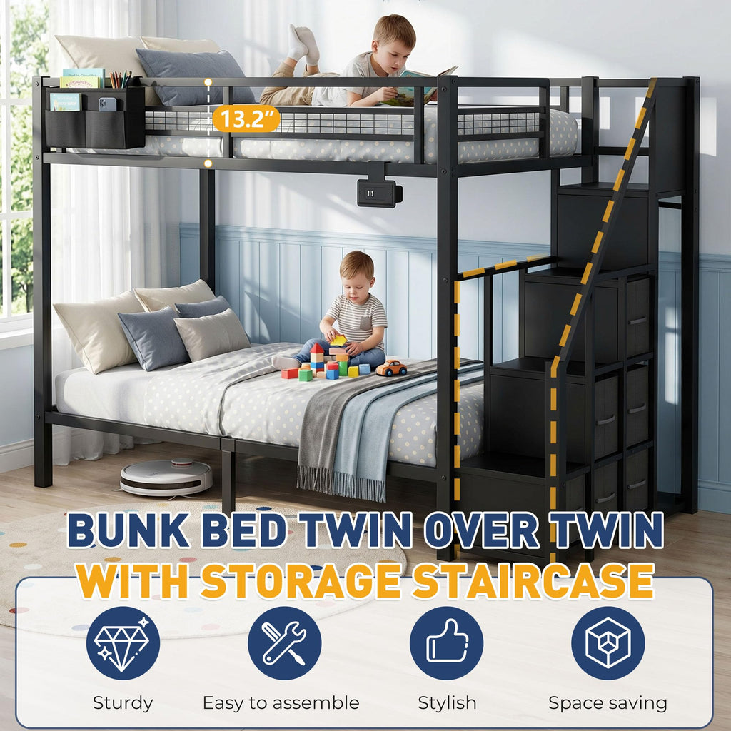 Black Metal Twin Over Twin Bunk Bed with Storage Stairs D39267