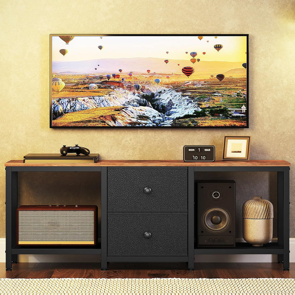 Rustic Brown and Black TV Stand with 2 Fabric Drawer F34754
