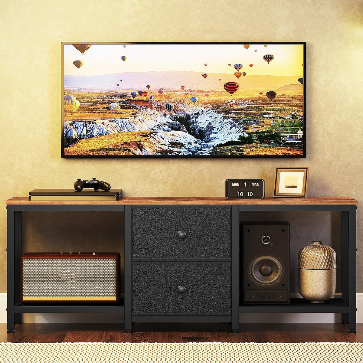 Rustic Brown and Black TV Stand with 2 Fabric Drawer F34754