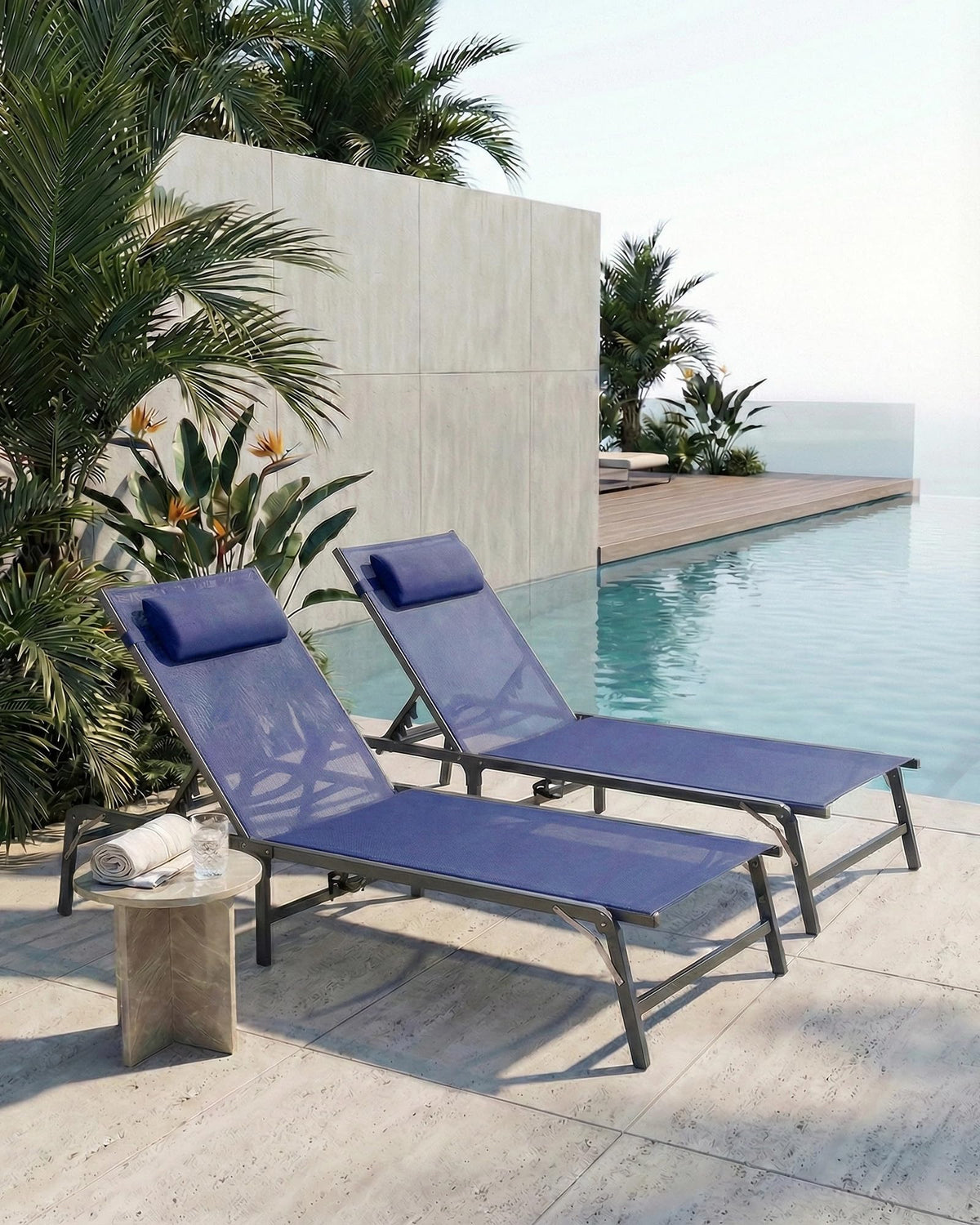 2 Pack Blue Foldable Chaise Lounge Chair with Cup Holder and Pillow G3405