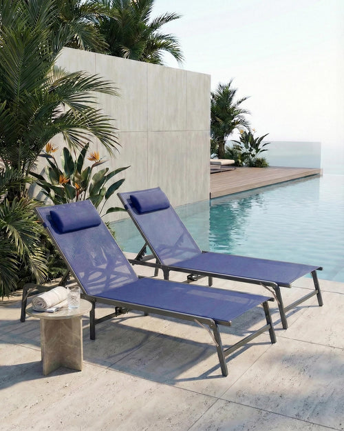 2 Pack Blue Foldable Chaise Lounge Chair with Cup Holder and Pillow G3405