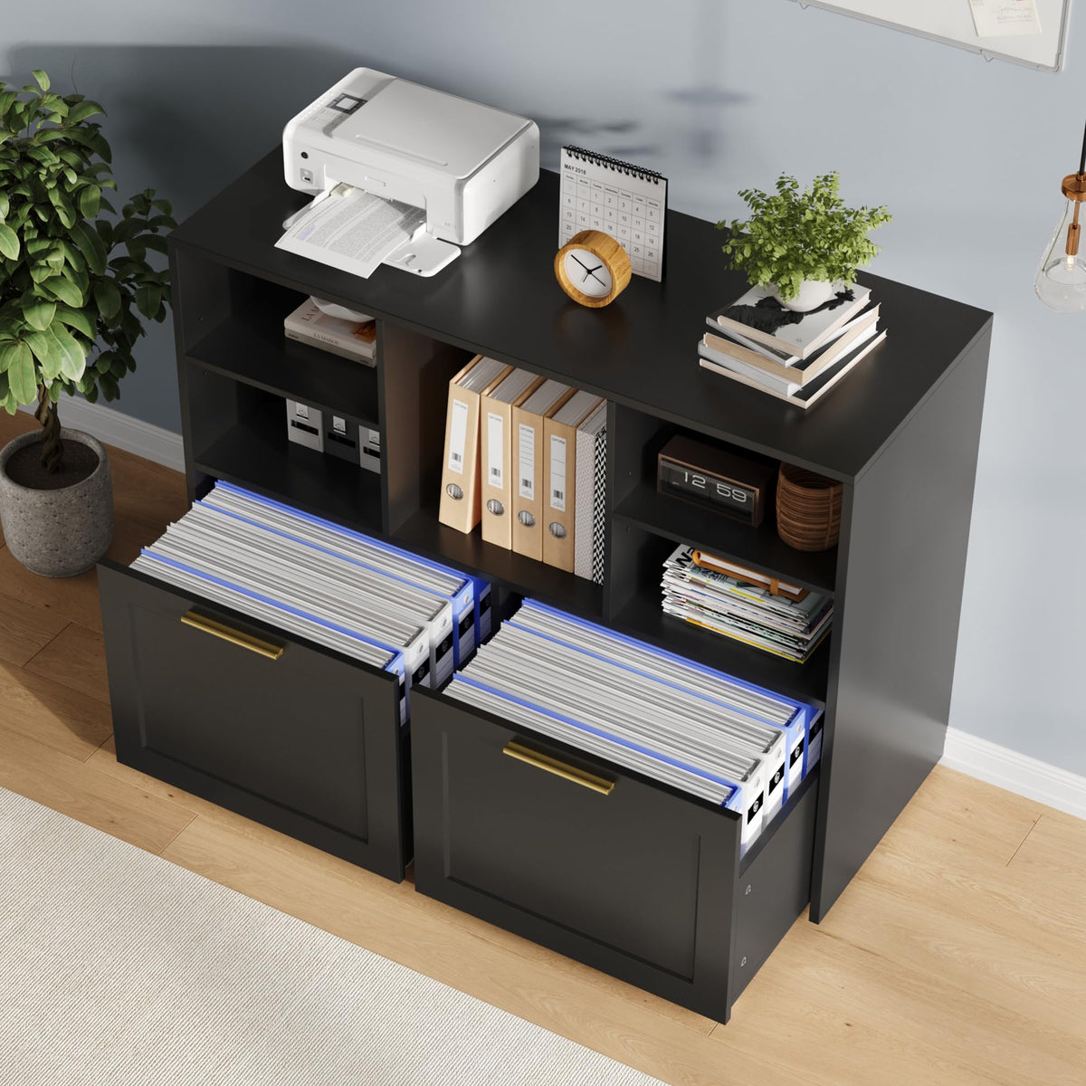 Black 2 Drawer Lateral File Cabinet with Open Storage Cubes T484380