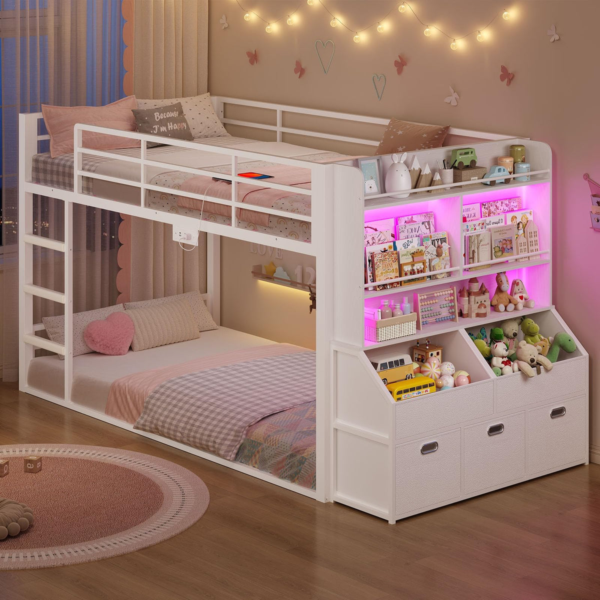 Twin Over Twin Bunk Bed with Bookshelf and Drawers F439920