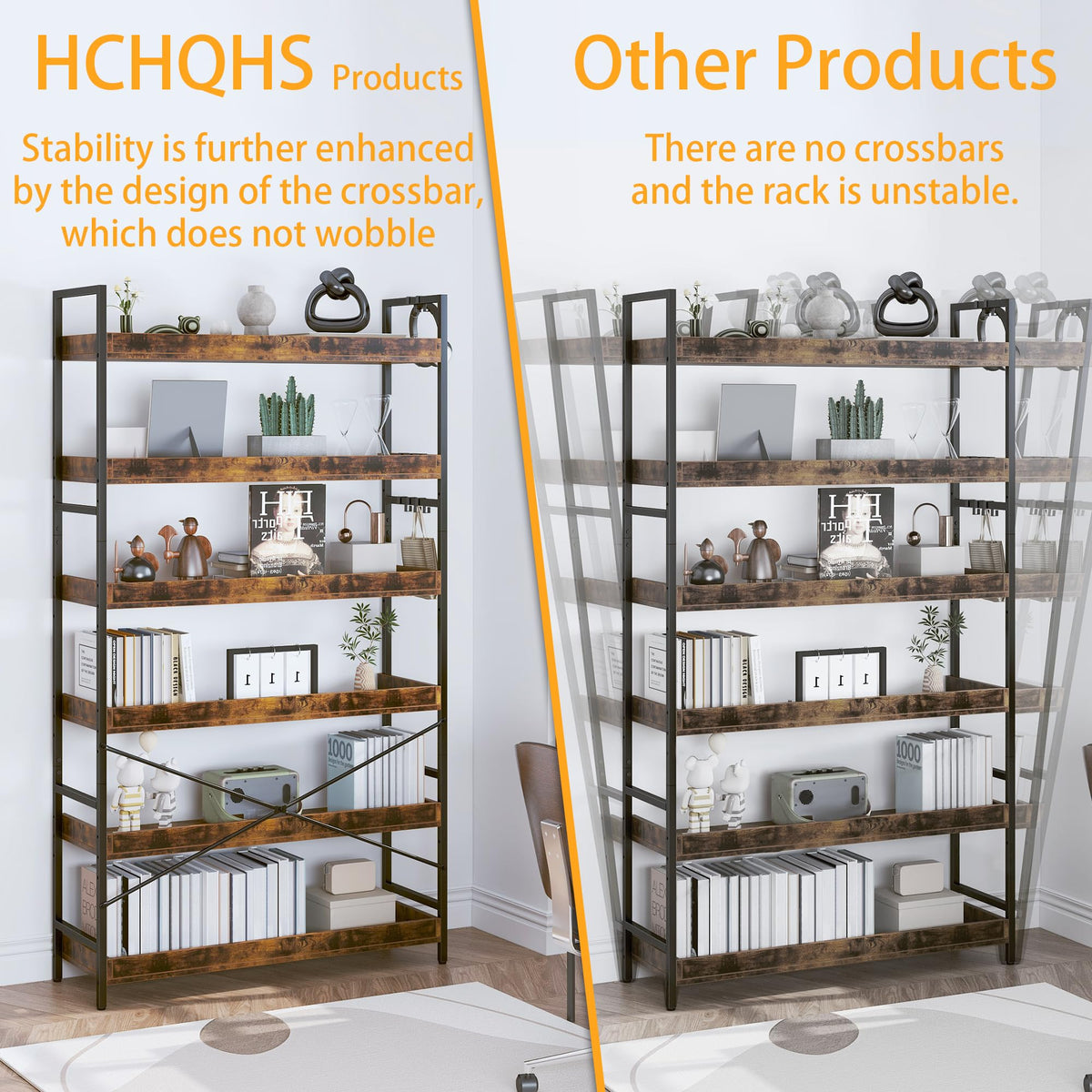 Adjustable 6-Tier Wood and Black Metal Bookshelf E63921