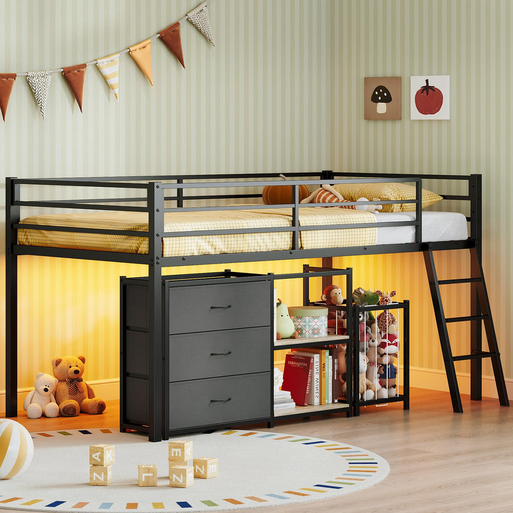 Black Twin Size Metal Low Loft Bed with 3 Drawers and Storage Q5268