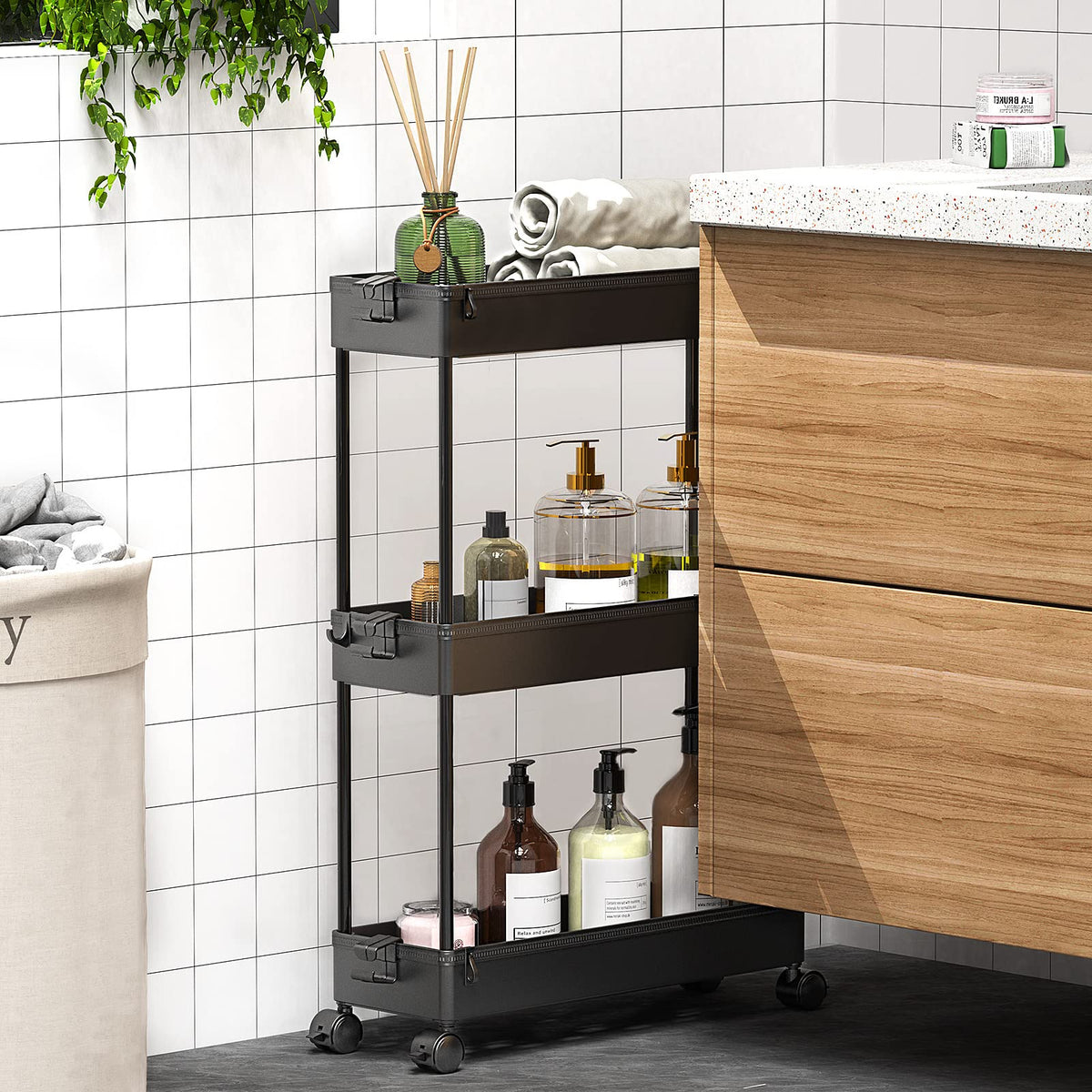 Black 3 Tier Slim Rolling Storage Cart B265426