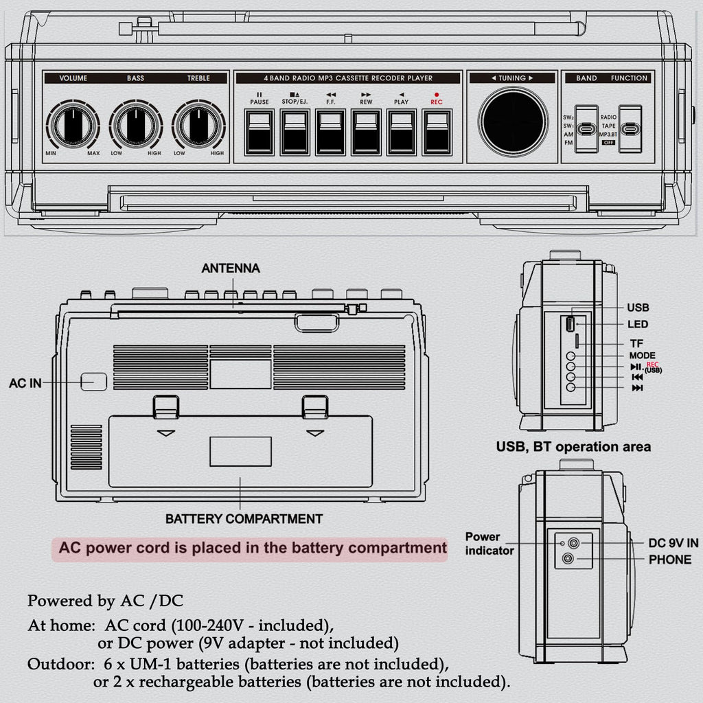 Portable Boombox with Cassette Player Recorder R575