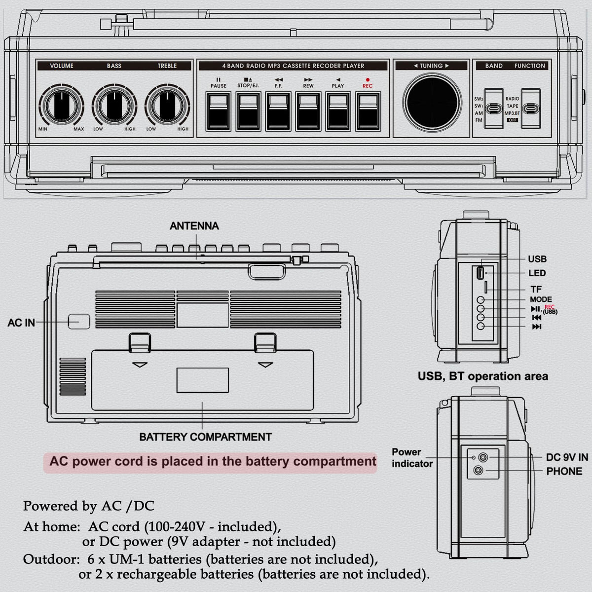 Portable Boombox with Cassette Player Recorder R575