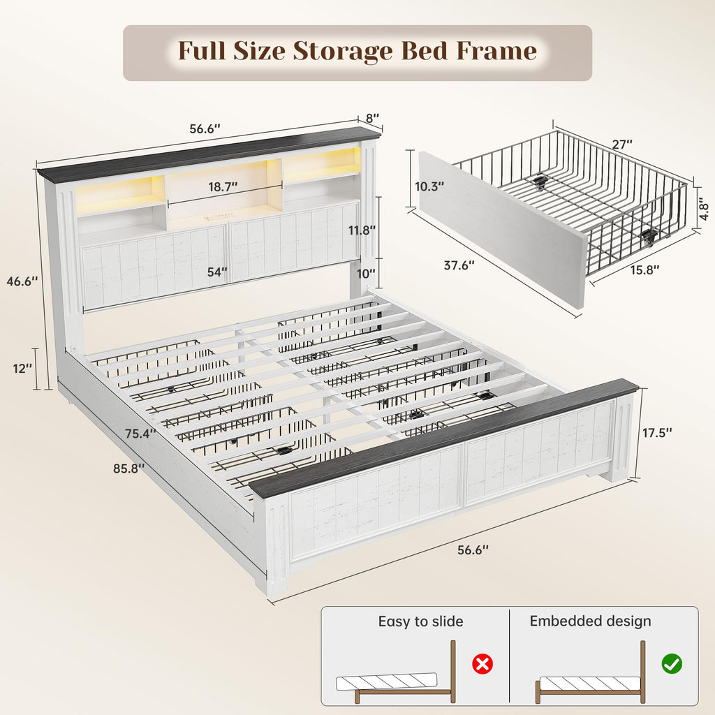 White Full Size Bed Frame with Headboard and Storage T42881