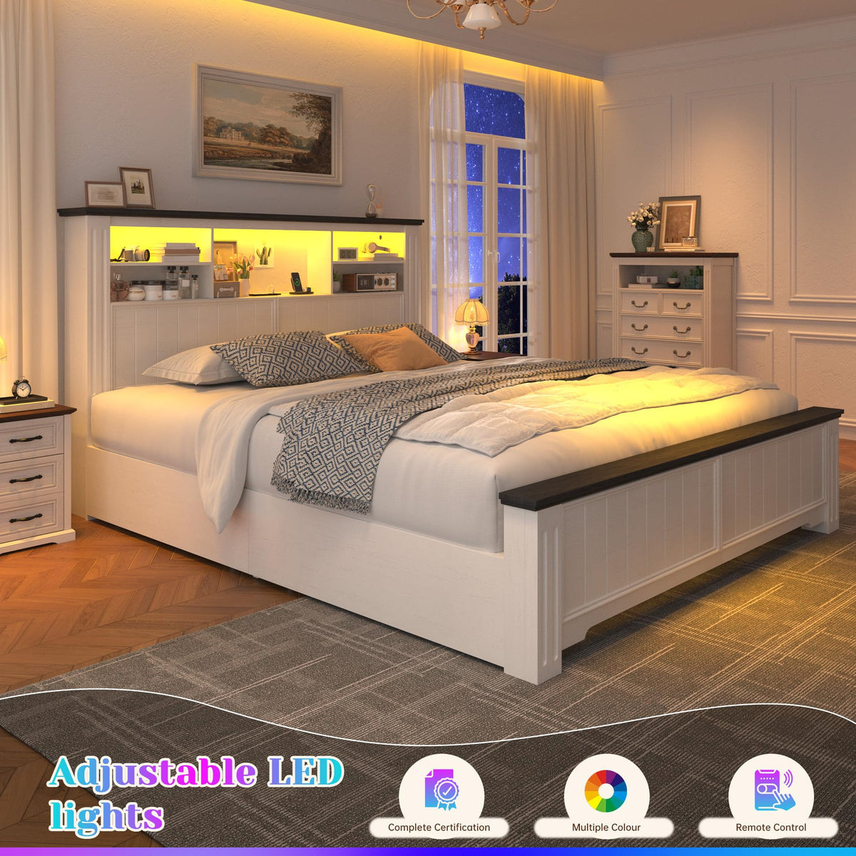 White Full Size Bed Frame with Headboard and Storage T42881