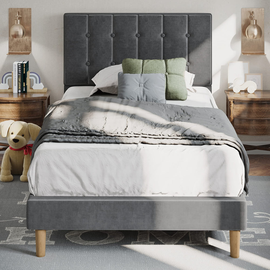 Grey Velvet Upholstered Twin Platform Bed Frame with Headboard A971