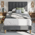 Grey Velvet Upholstered Twin Platform Bed Frame with Headboard A971