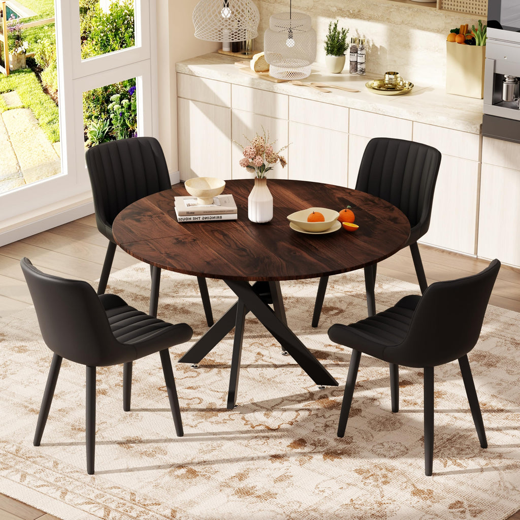 47" Walnut Round Dining Table Set for 4 with 4 Black Upholstered Chairs J265