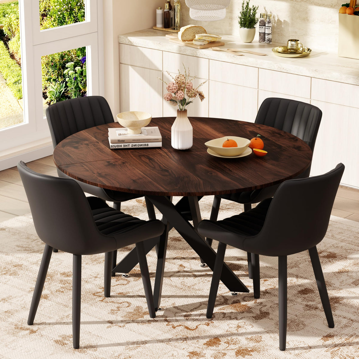 47" Walnut Round Dining Table Set for 4 with 4 Black Upholstered Chairs J265