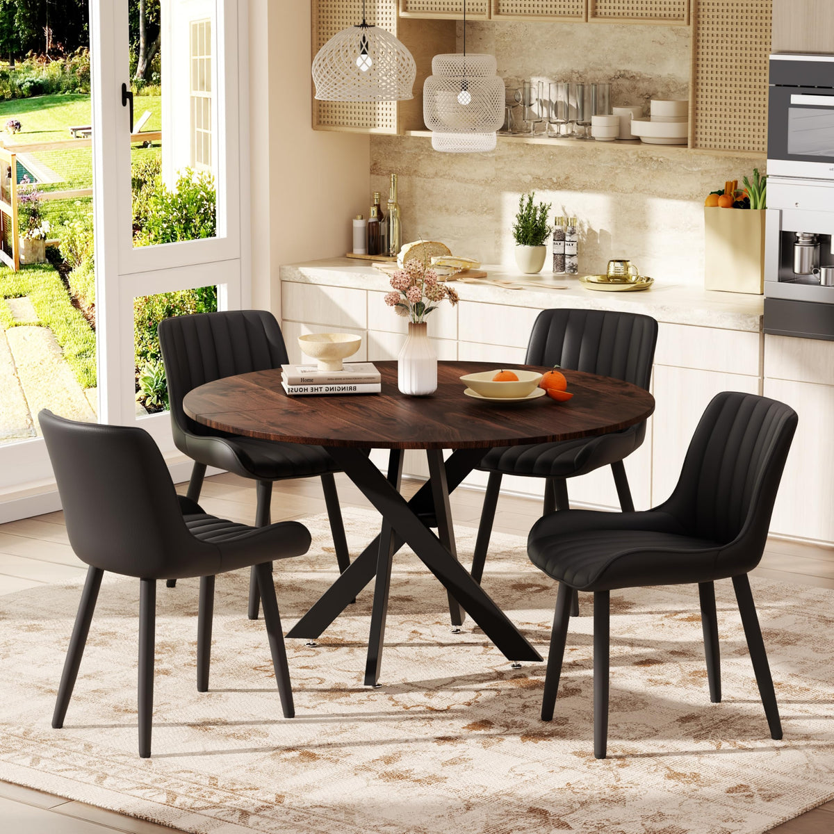 47" Walnut Round Dining Table Set for 4 with 4 Black Upholstered Chairs J265