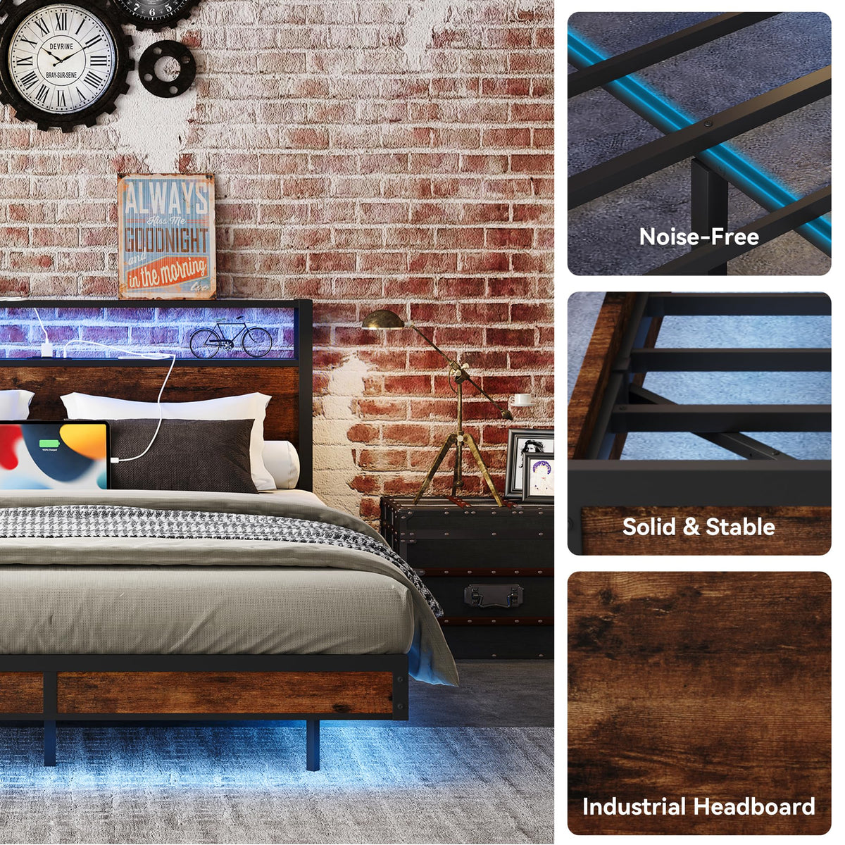 Queen Size Metal Bed Frame with Storage Headboard and Charging Station B2693