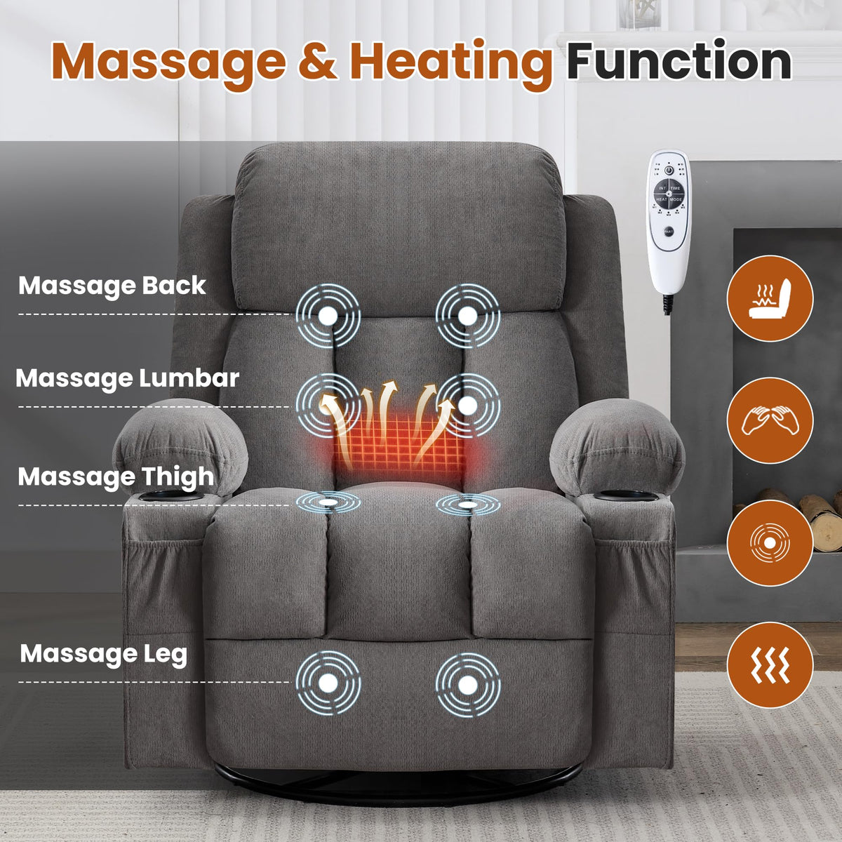 Swivel Rocker Recliner Chair with Massage and Heat X4089