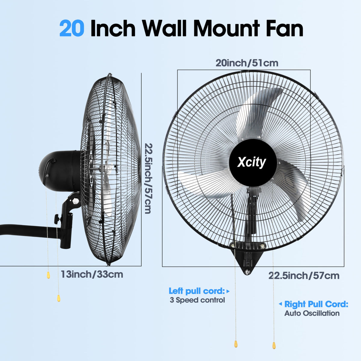 20 inch Industrial Wall Mounted Oscillating Fan, 3-Speed, 5500 CFM, Black K25118