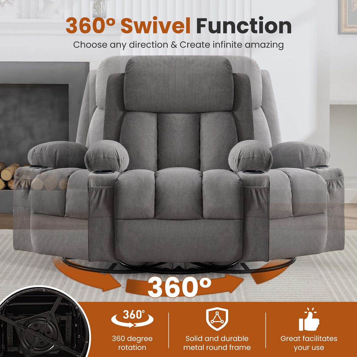 Swivel Rocker Recliner Chair with Massage and Heat X4089