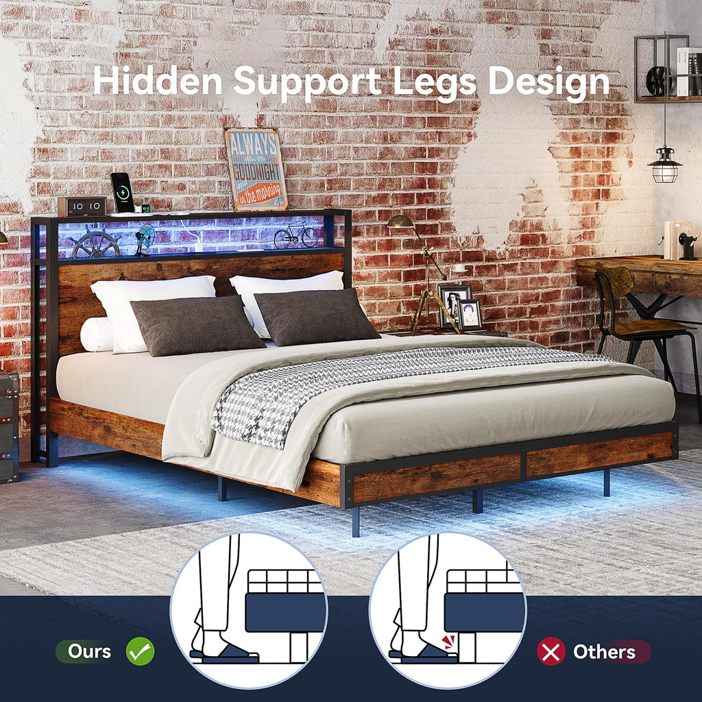 Queen Size Metal Bed Frame with Storage Headboard and Charging Station B2693