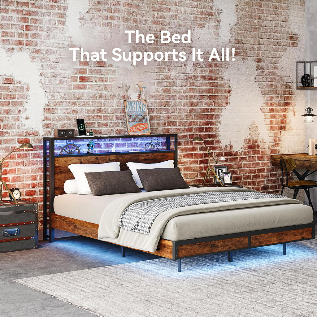 Queen Size Metal Bed Frame with Storage Headboard and Charging Station B2693